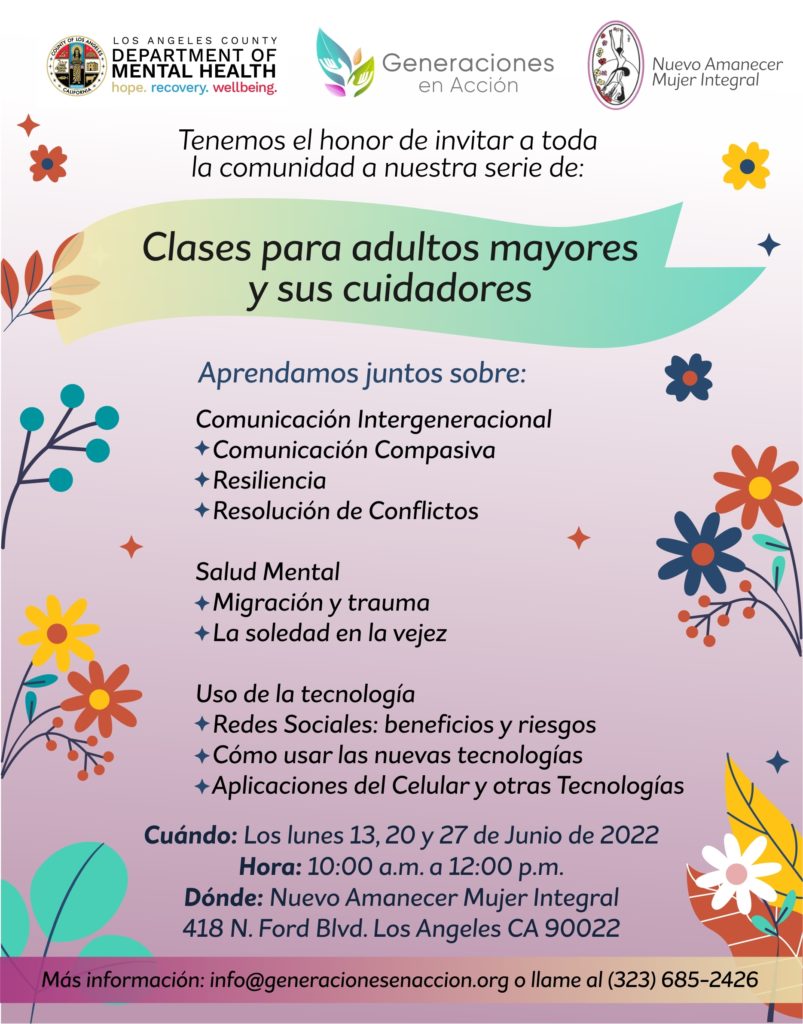 Event flyer for Latino Senior workshops in June 2022