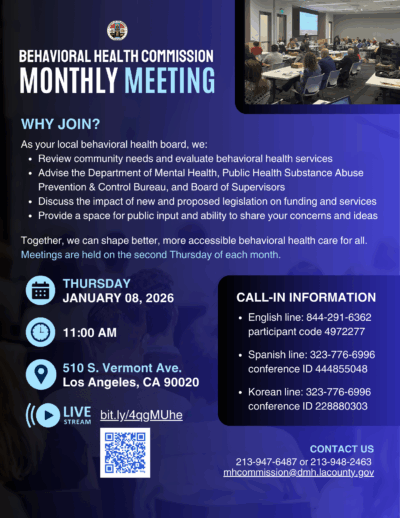 BHC meeting announcement reading, 1/08/2026, 510 S. Vermont Ave., Los Angeles CA, 90020, at 11am