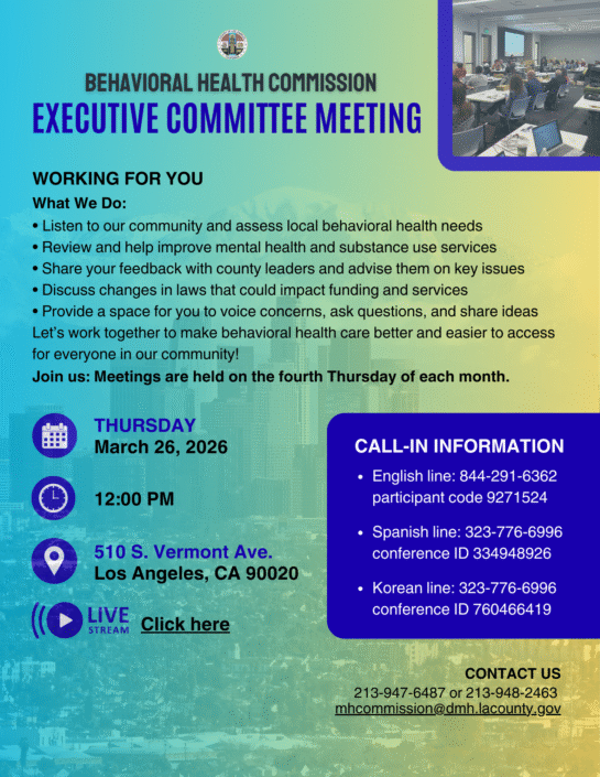 Blue and green background flyer. Detailing meeting information. Date: 3/26/26, time: 12 p,m., location: 510 S. Vermont Ave., Los Angeles, CA 90020